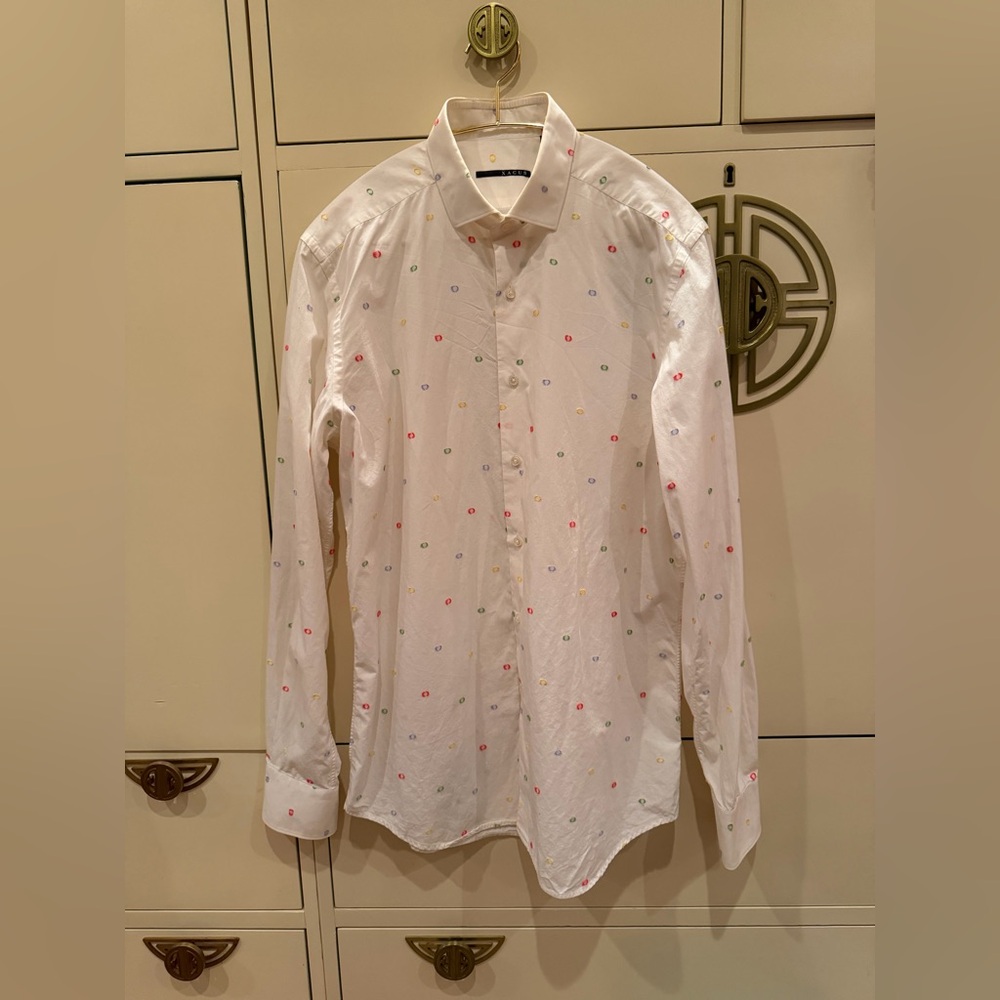 Xacus White Shirt with Multicolor Dots Multicolour Textured Pattern Shirt Collar